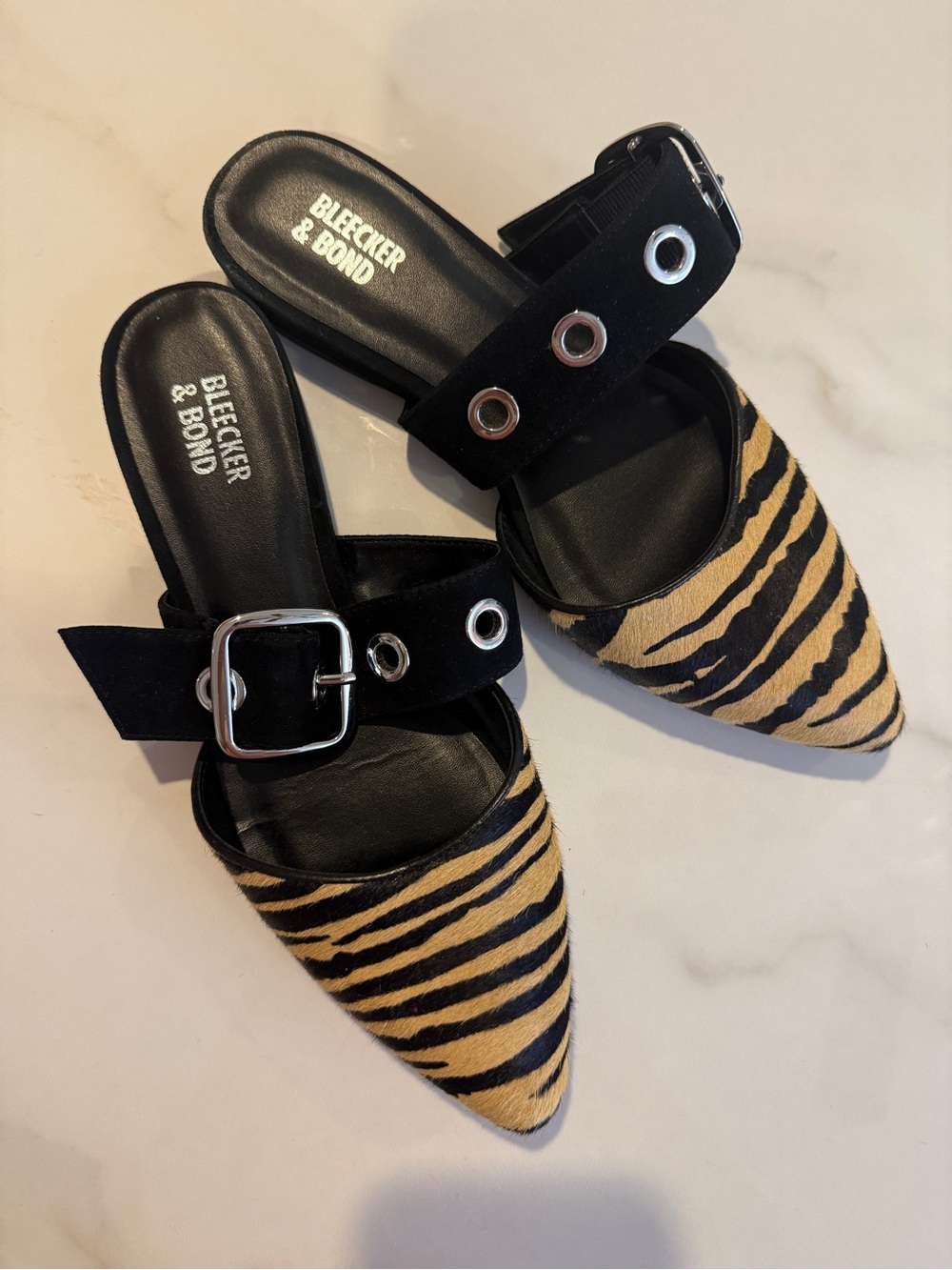 Bleecker & Bond Zebra-Print Pointed Mule in Black and Tan